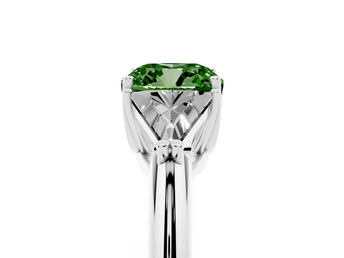 Fancy Green Three-Stone Cushion Cut Diamond Engagement Ring with Trillion Side Stones and Prong Setting Silver