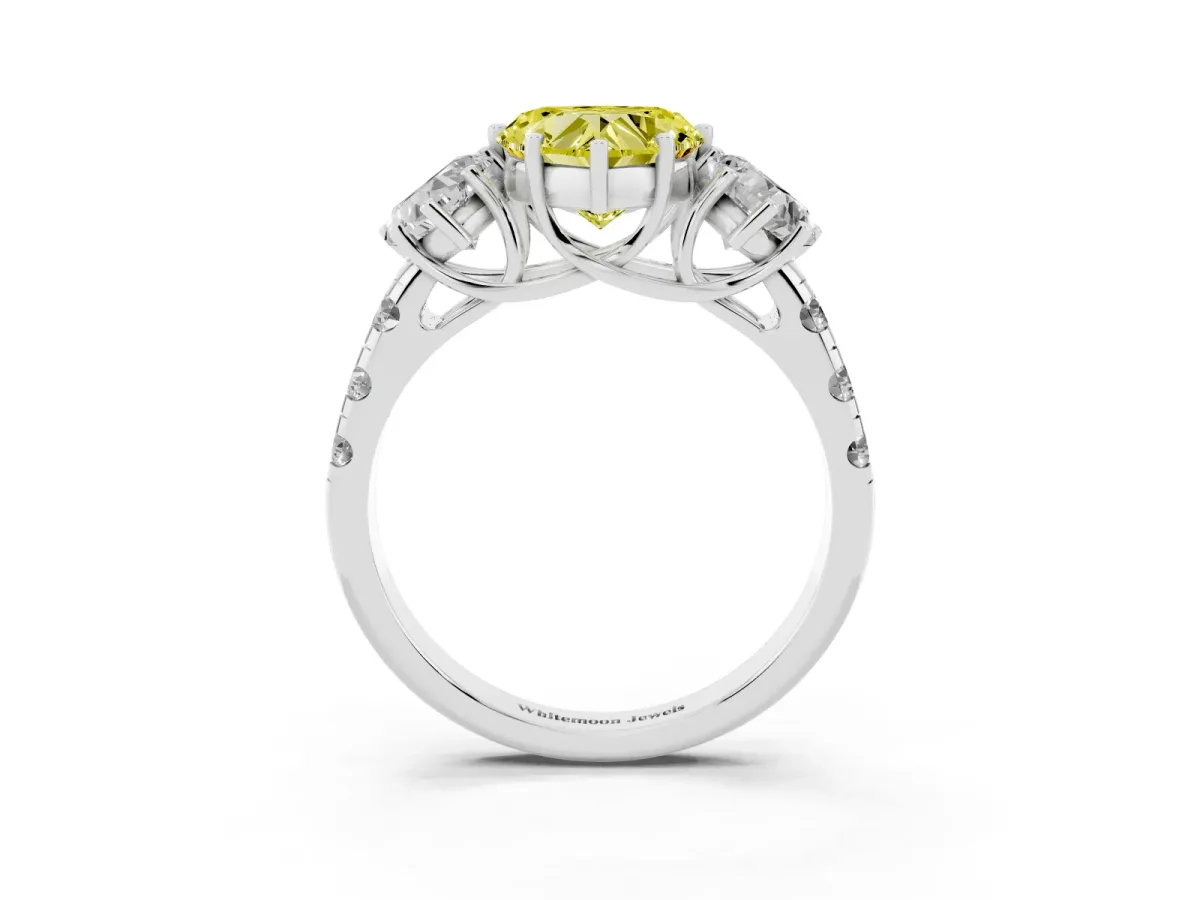 Fancy Yellow Three-Stone Heart Cut Diamond Pavé Band with Prong Setting Silver