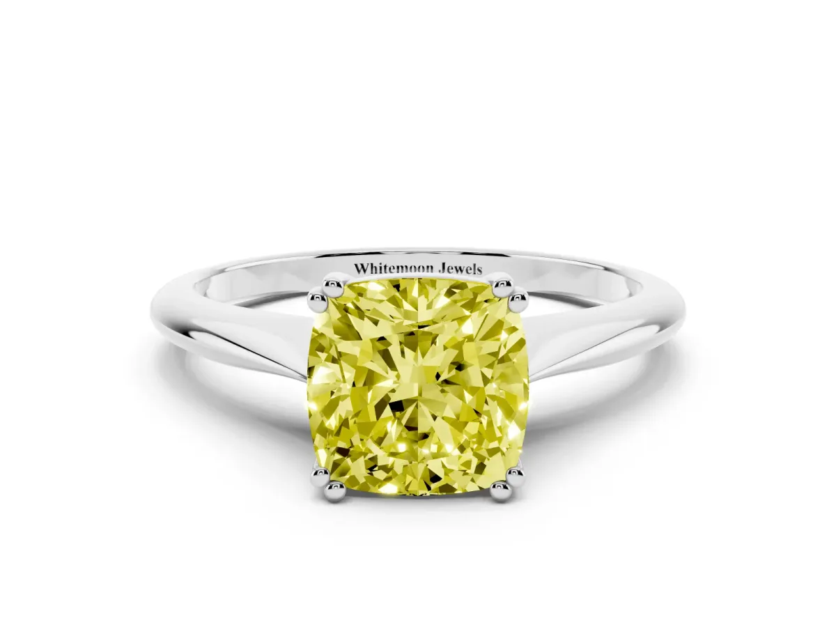 Fancy Yellow Cushion Cut Solitaire Diamond Ring with Six-Prong Setting and Classic Band Silver