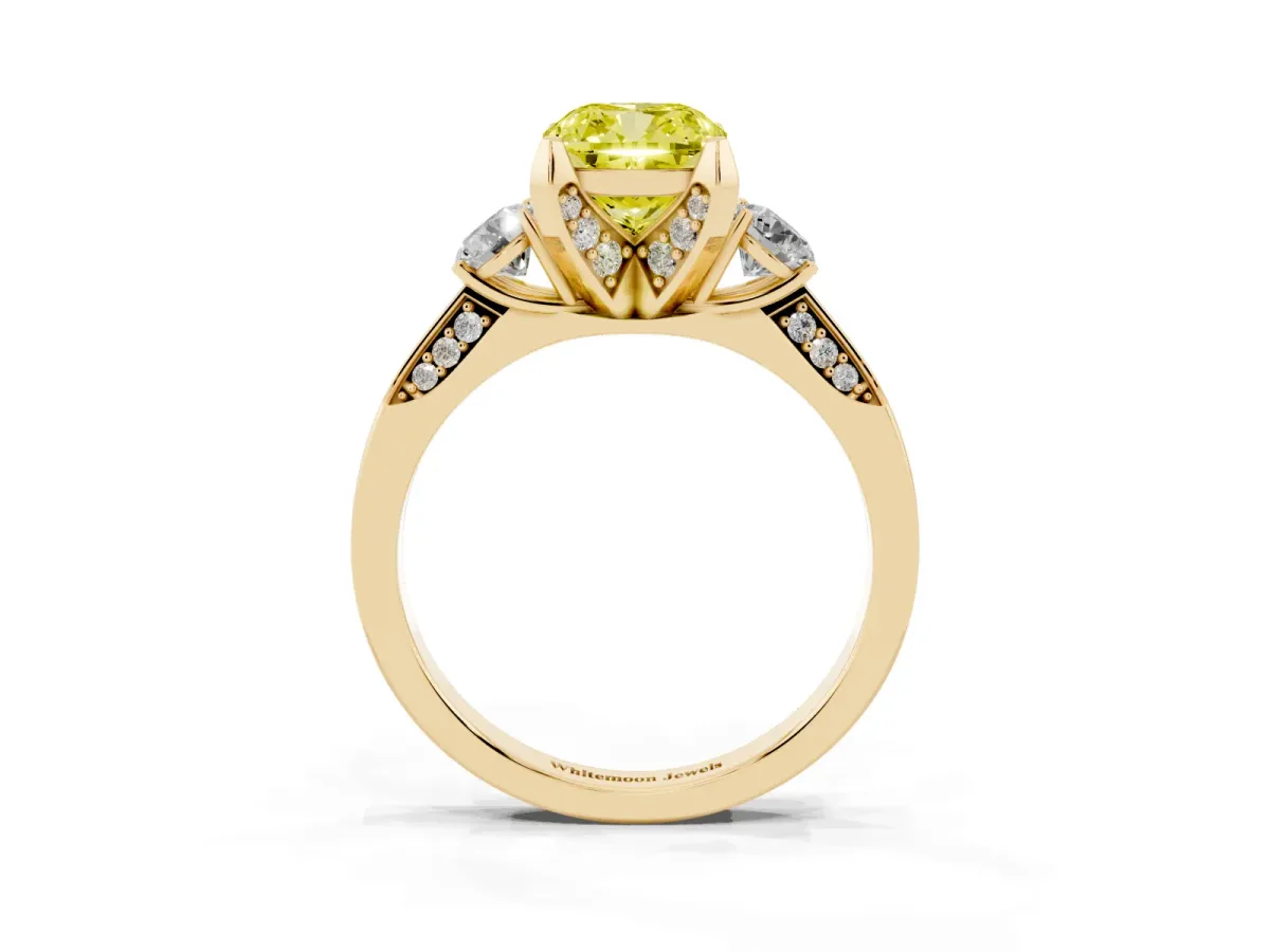 Fancy Yellow Cushion Cut Brilliant Three-Stone Diamond Ring with Pavé Band and Four-Prong Setting Yellow gold