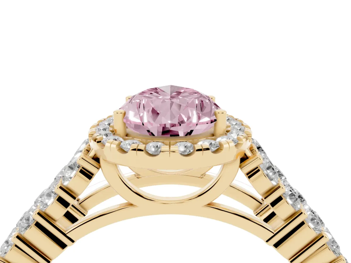 Fancy Pink Pear Cut Diamond Halo Engagement Ring with Triple Row Round Pavé Band and Prong Setting Yellow gold