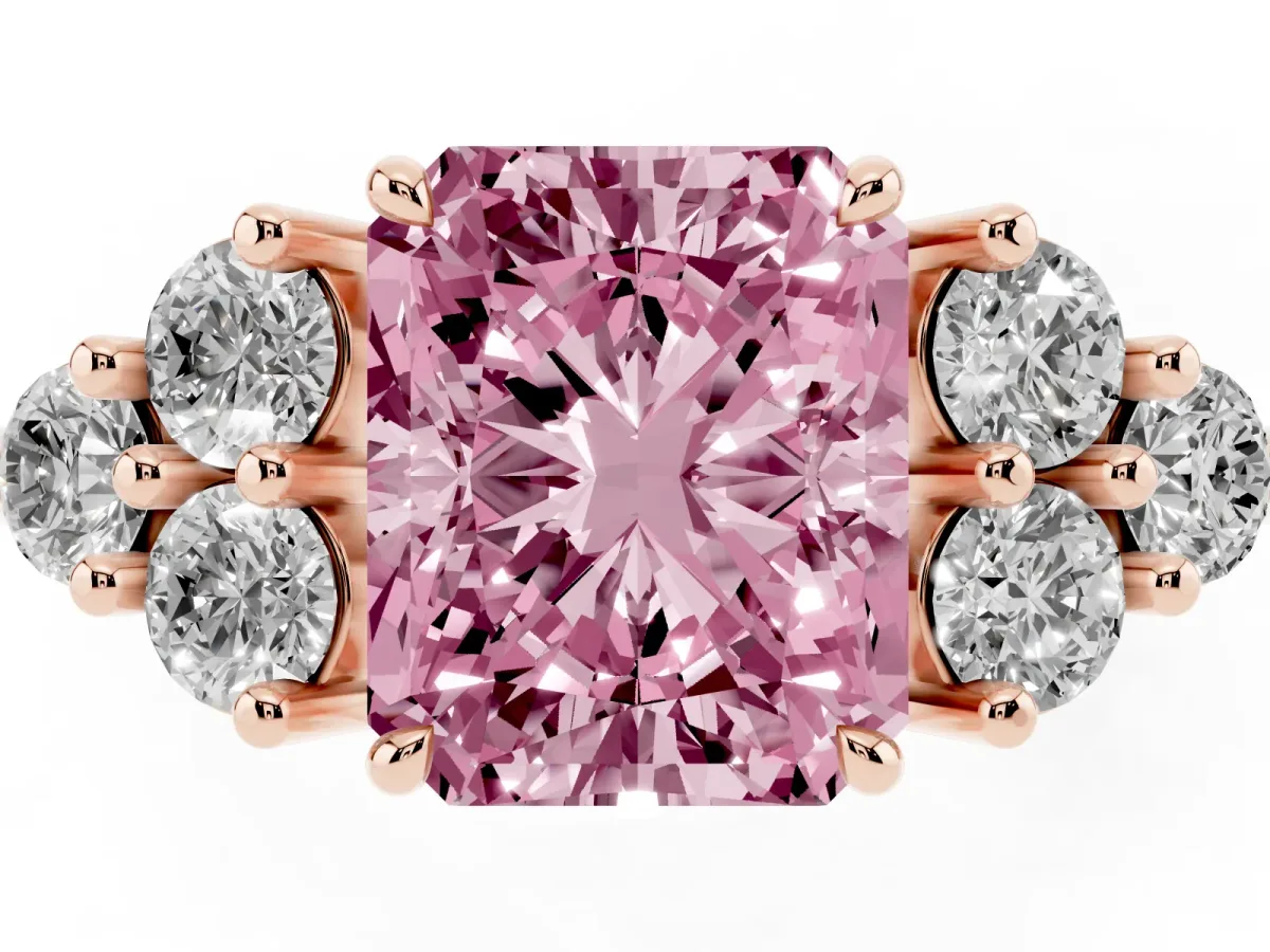 Fancy Pink Radiant Cut Brilliant Diamond Cluster Accent Solitaire Ring with Prong Setting Rose gold