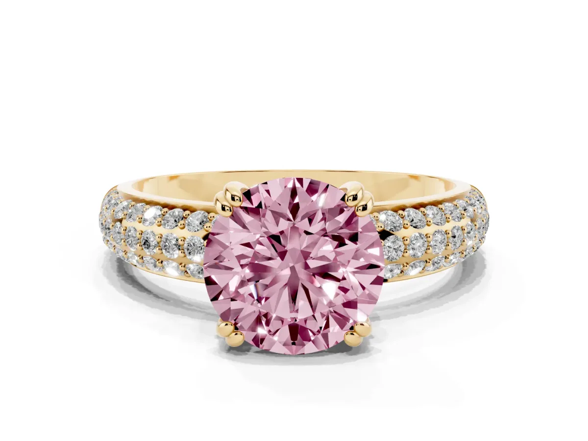 Fancy Pink Round Cut Diamond Solitaire Ring with Multi-Row Round Pavé Band and Prong Setting Yellow gold