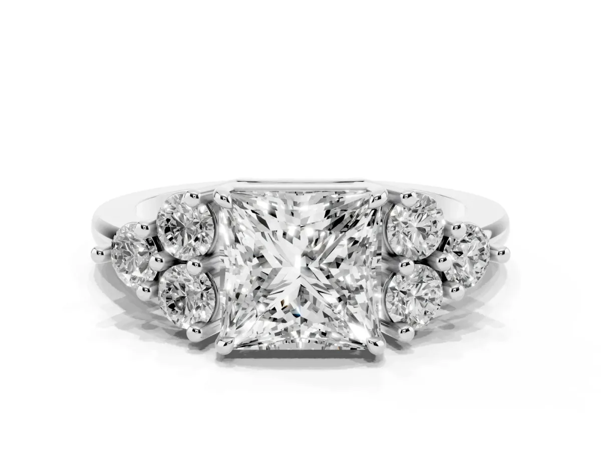 Princess Cut Brilliant Diamond Cluster Accent Solitaire Ring with Prong Setting Silver