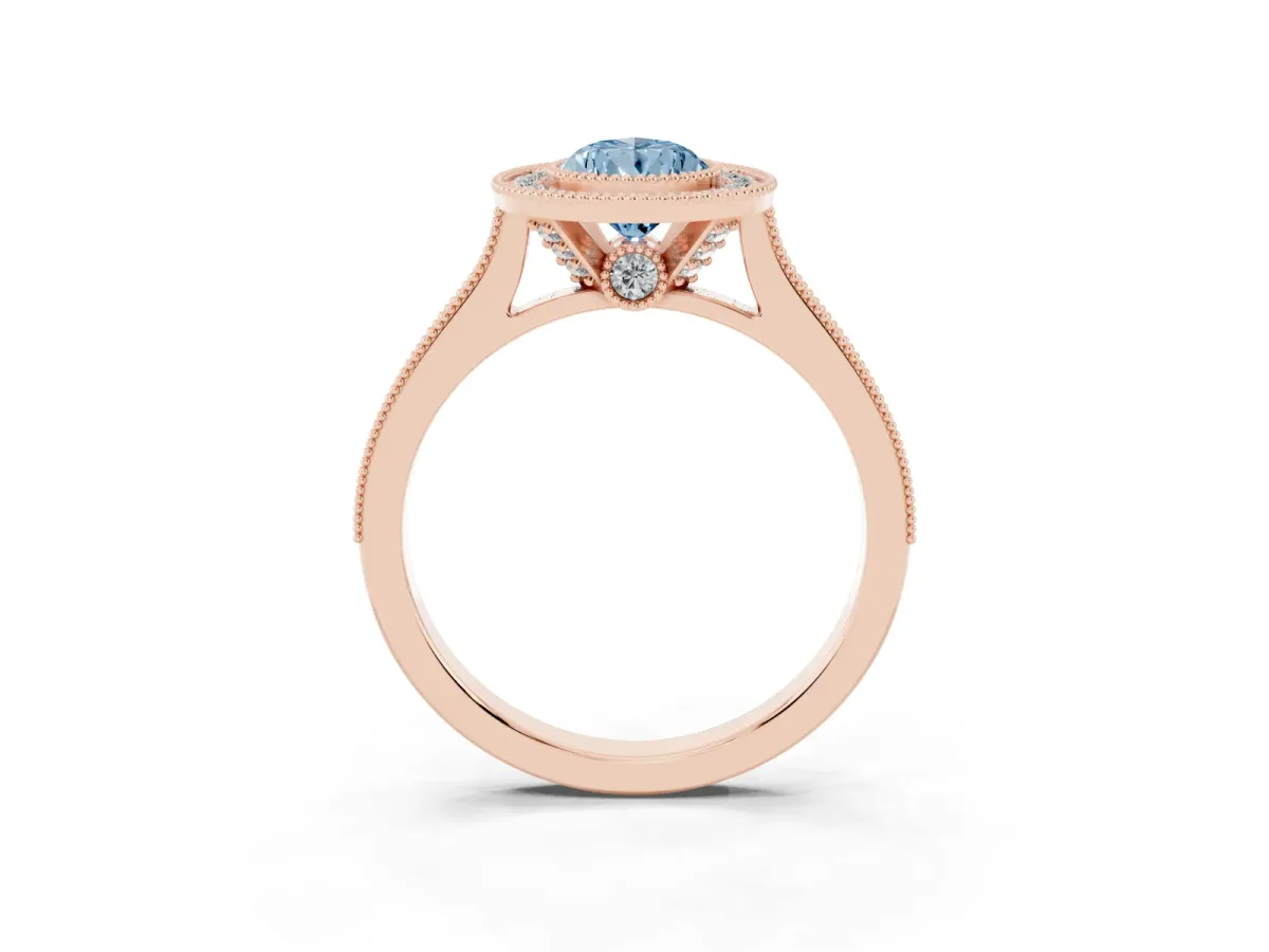 Fancy Blue Halo Pear Cut-Cut Diamond Pave Band Milgrain Prong Setting Ring Rose gold
