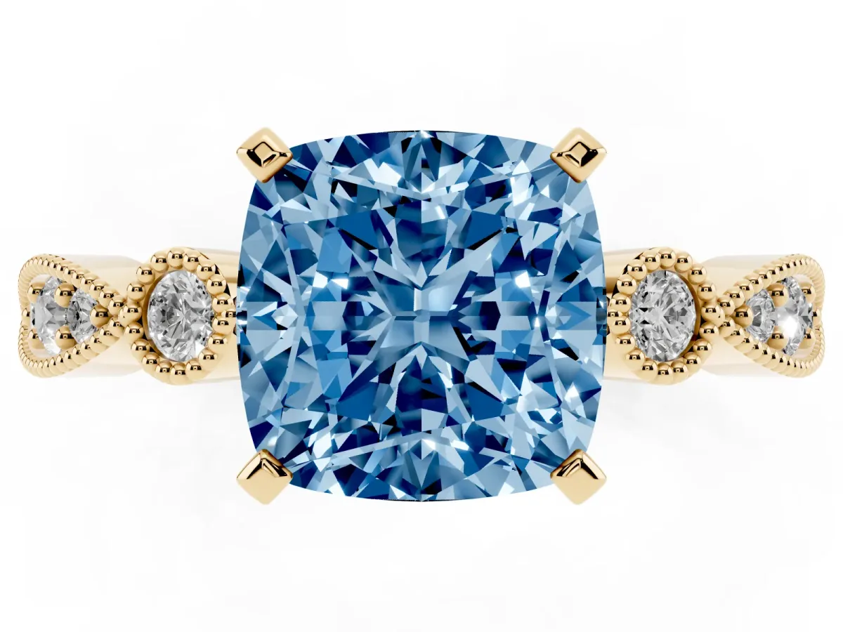 Fancy Blue Cushion Cut Milgrain Bezel Diamond Engagement Ring with Solitaire Prong Setting Yellow gold