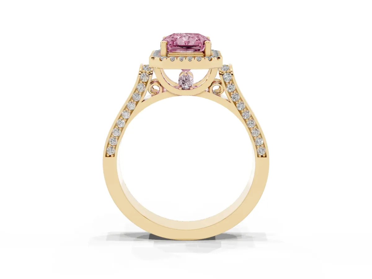 Fancy Pink Radiant Cut Halo Pave Split Shank Prong Setting Ring Yellow gold