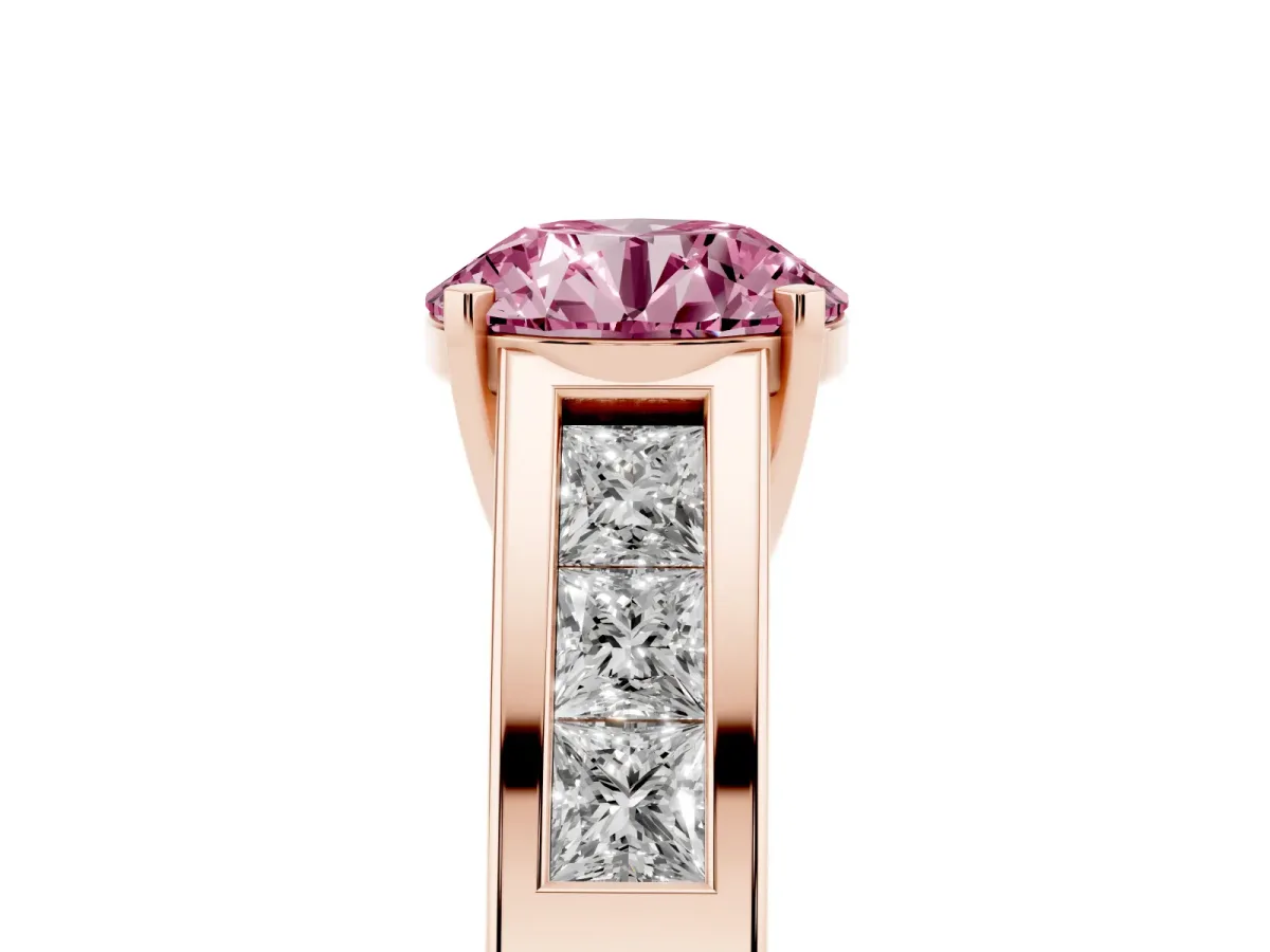 Fancy Pink Round Cut Cut Channel Set Solitaire Ring with Four-Prong Setting Rose gold