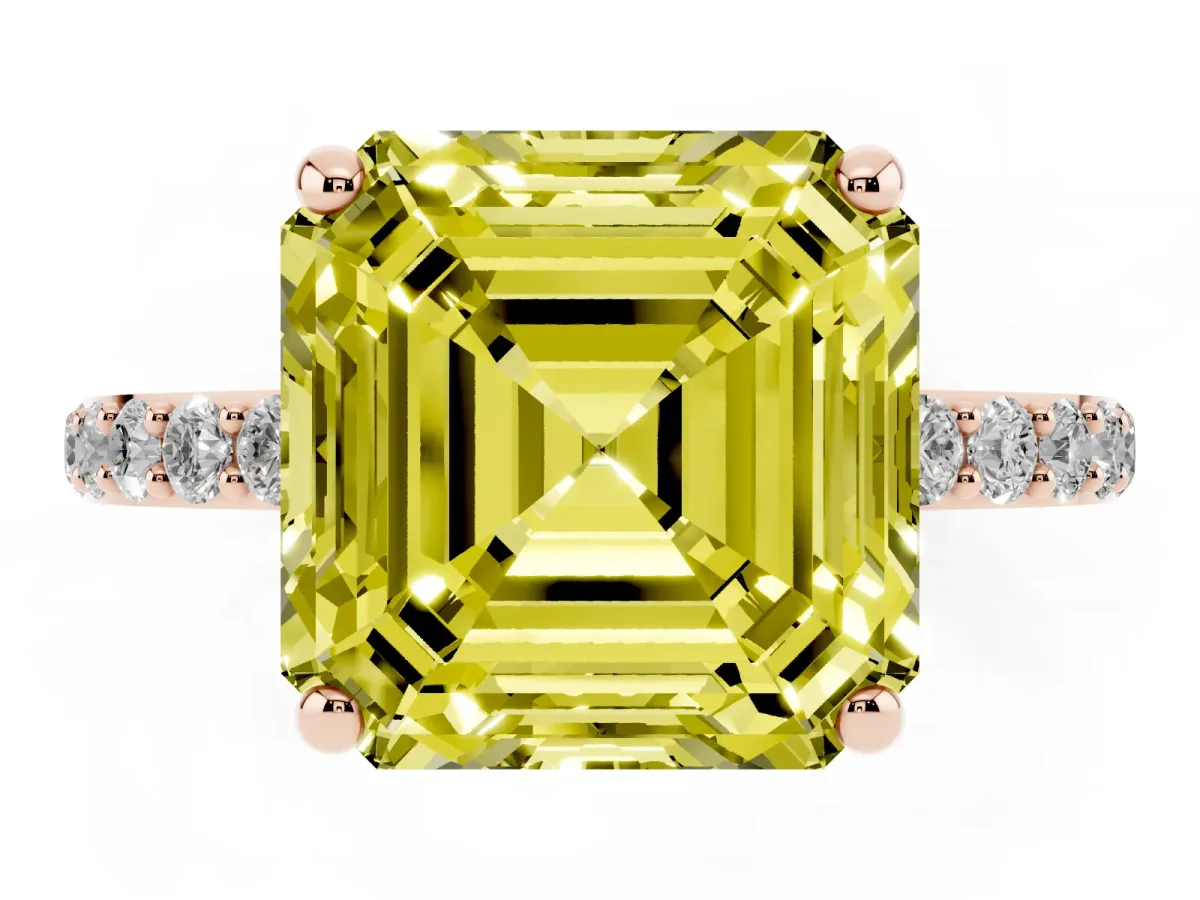 Fancy Yellow Asscher Cut Diamond Solitaire Ring with Round Pavé Band and Prong Setting Rose gold