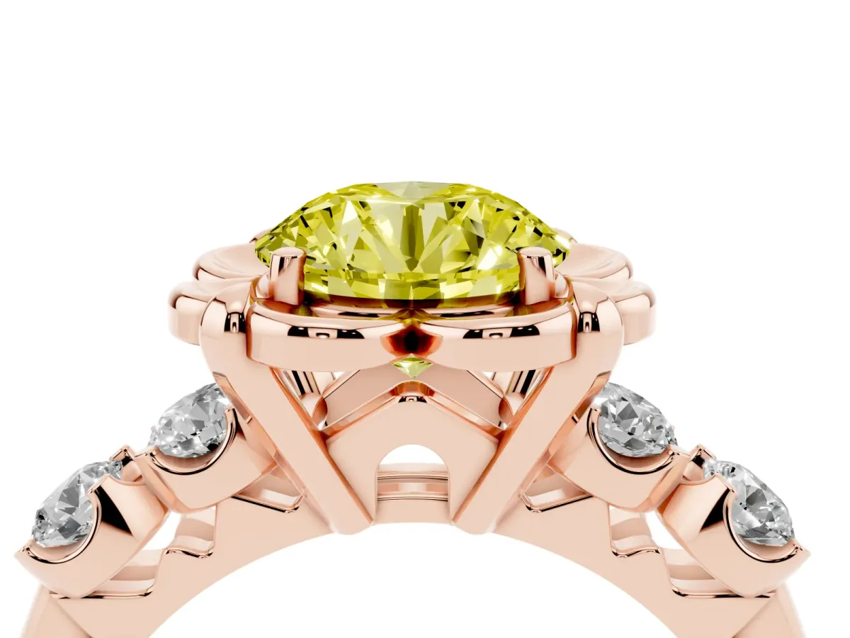 Fancy Yellow Round Cut Cut Diamond Floral Halo Engagement Ring with Shared Prong Setting Rose gold