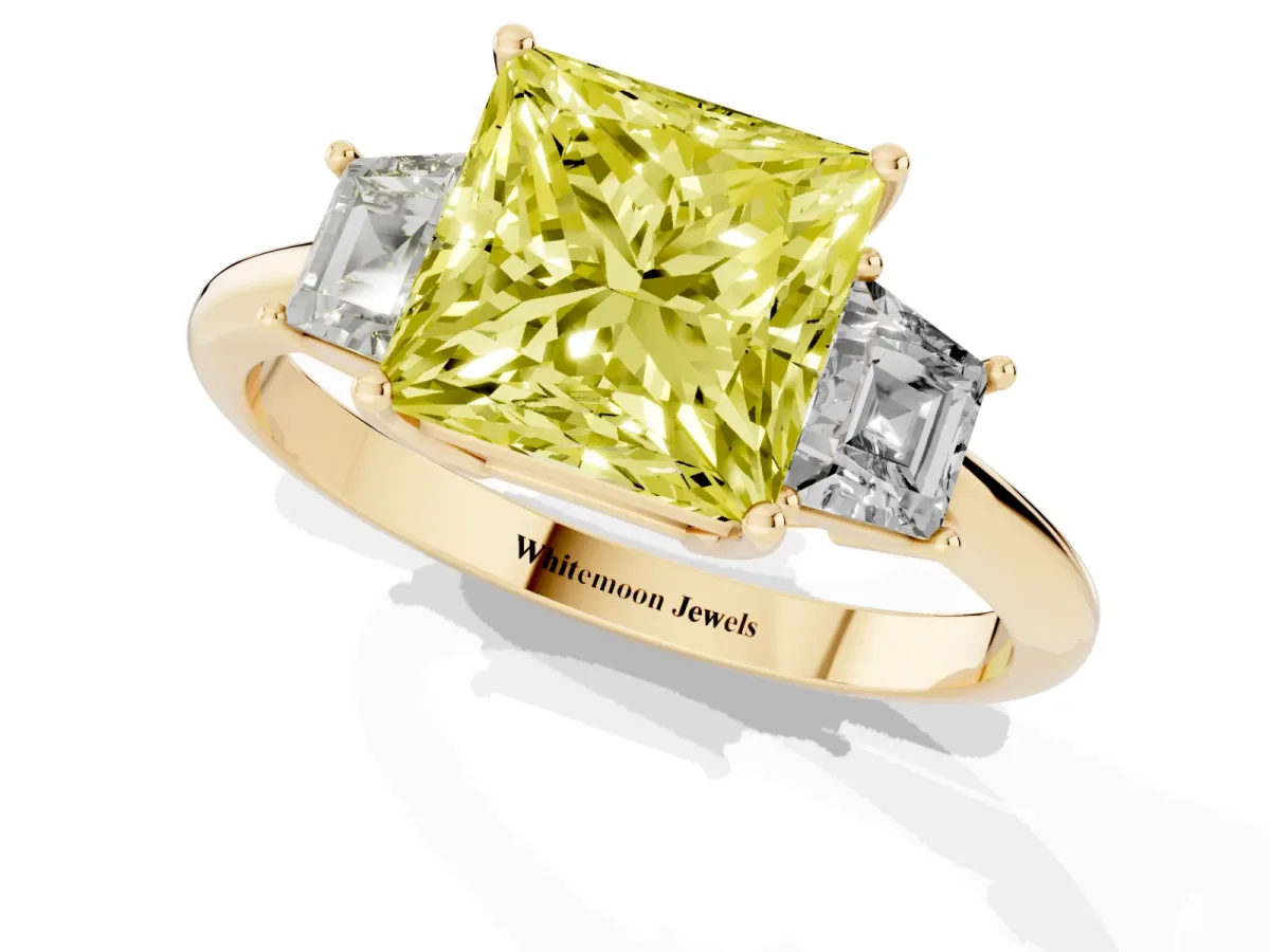 Fancy Yellow Princess Cut Diamond Three-Stone Ring with Trapezoid Side Stones and Prong Setting Yellow gold