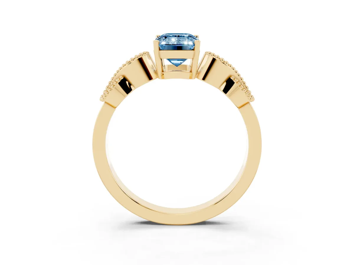 Fancy Blue Emerald Cut Solitaire Milgrain Leaf Band with Prong Setting Yellow gold