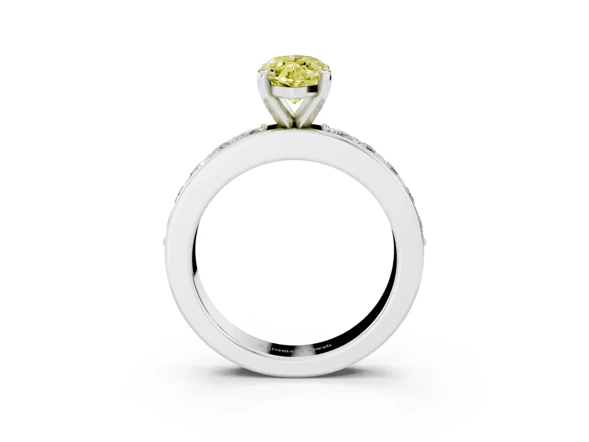 Fancy Yellow Marquise Cut Diamond Engagement Ring with Channel Set Round Band and Prong Setting White gold