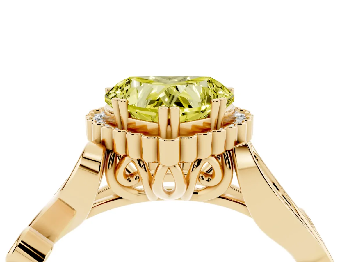 Fancy Yellow Heart Cut Diamond Halo Ring with Vintage Split Shank and Four-Prong Setting Yellow gold