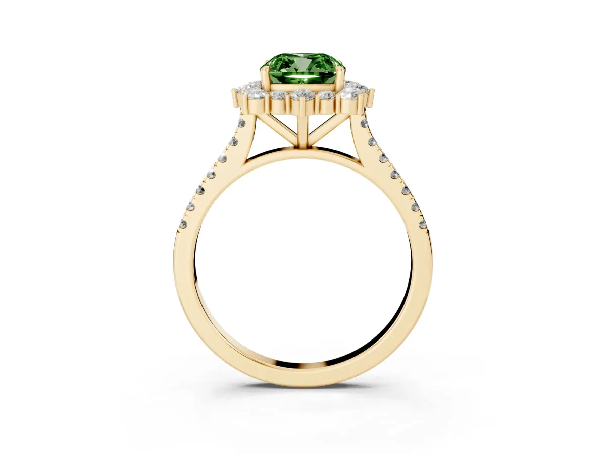 Fancy Green Cushion Cut Halo Diamond Ring with Pavé Band and Prong Setting Yellow gold