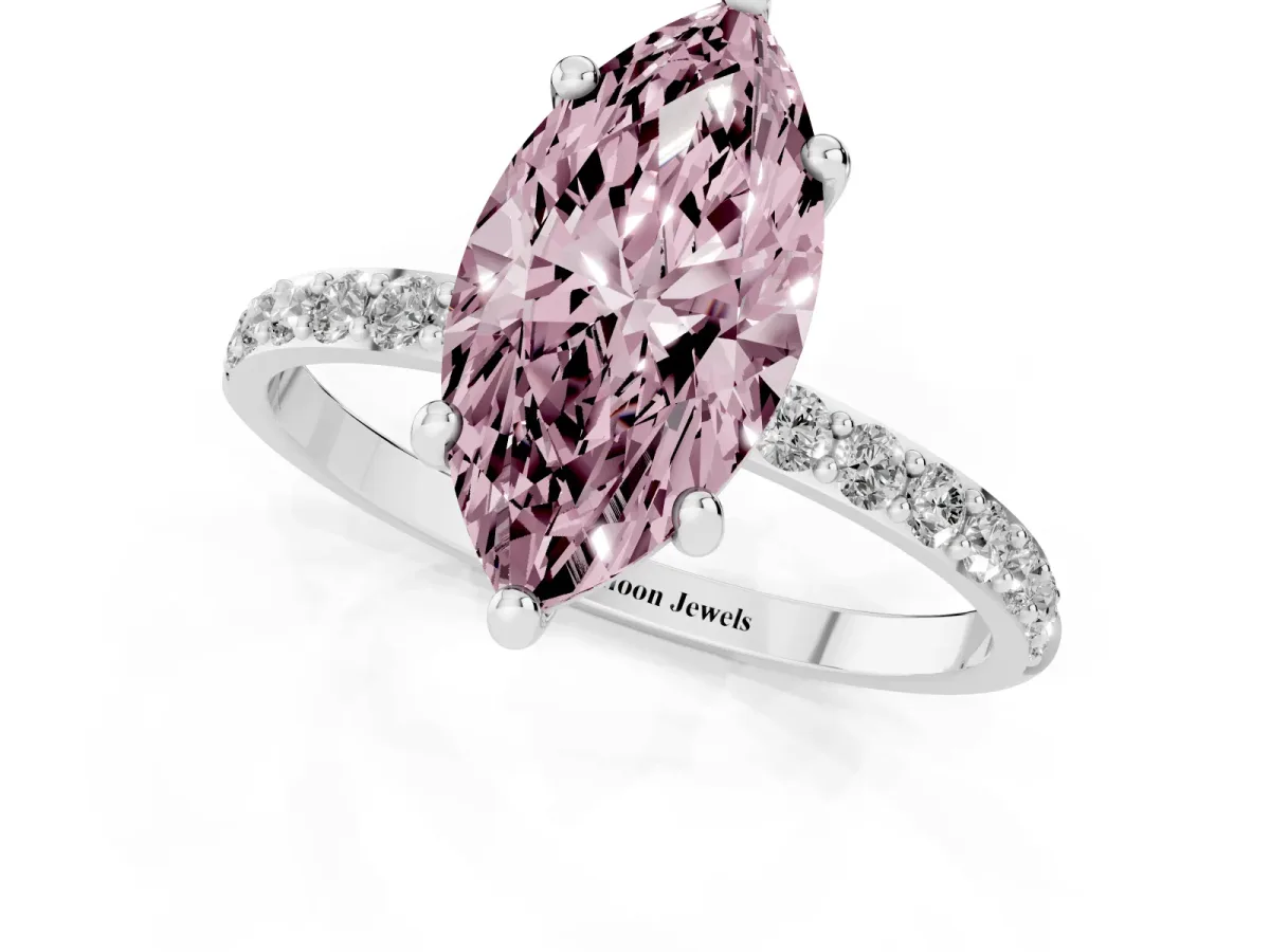 Fancy Pink Marquise Cut Diamond Solitaire Ring with Round Pavé Band and Prong Setting Silver