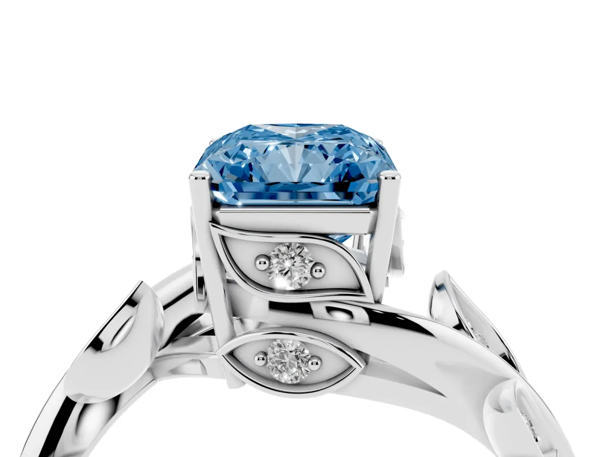 Fancy Blue Radiant Cut Solitaire Twist Engagement Ring with Leaf Accents and Prong Setting White gold