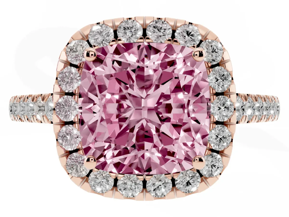 Fancy Pink Cushion Cut Halo Pavé Diamond Engagement Ring with Four-Prong Setting Rose gold