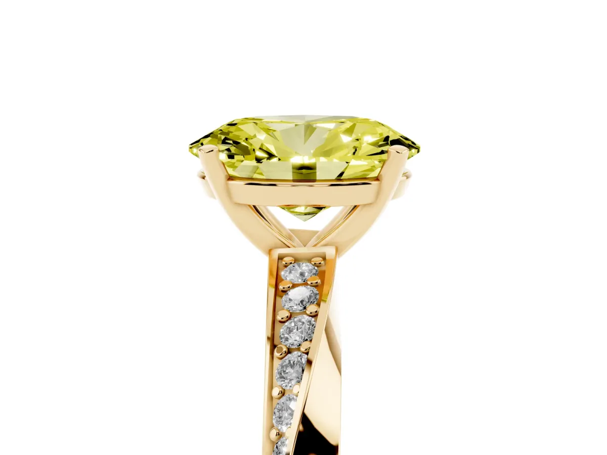 Fancy Yellow Oval Cut Diamond Engagement Ring with Side Stone Accents and Four-Prong Setting Yellow gold