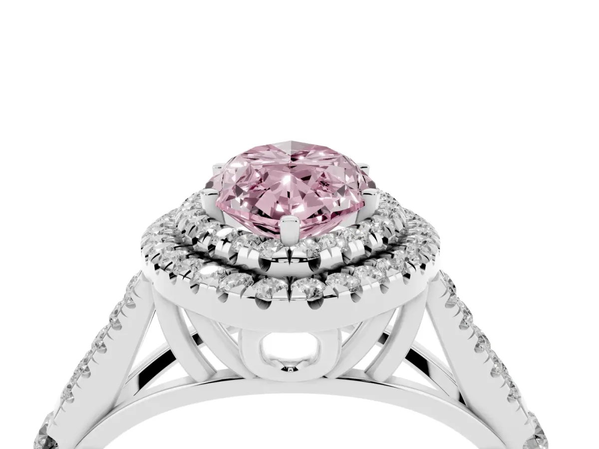 Fancy Pink Double Halo Marquise Cut Diamond Split Shank Engagement Ring with Four-Prong Setting Platinum