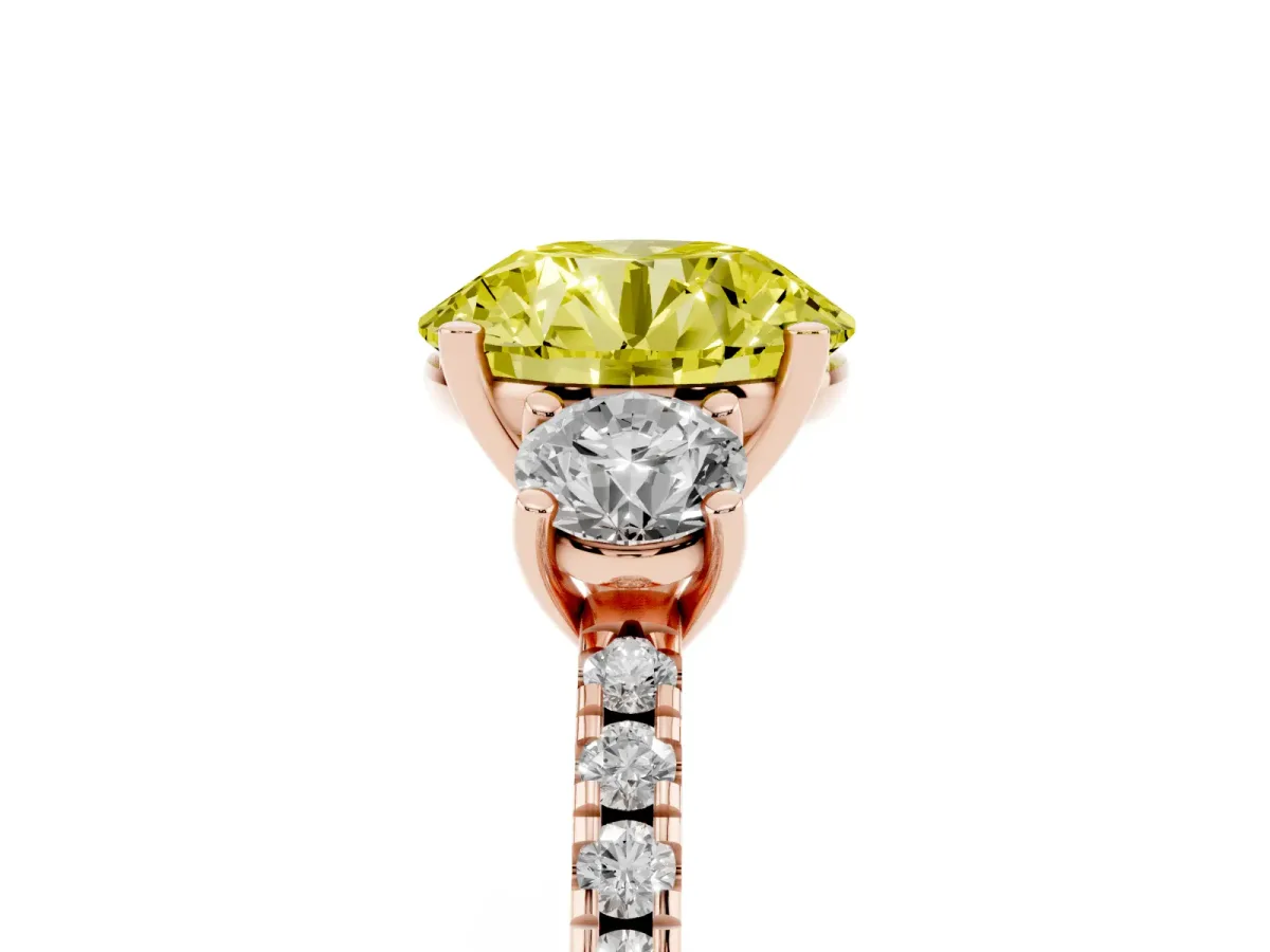 Fancy Yellow Three-Stone Round Cut Cut Diamond Pavé Band with Prong Setting Rose gold