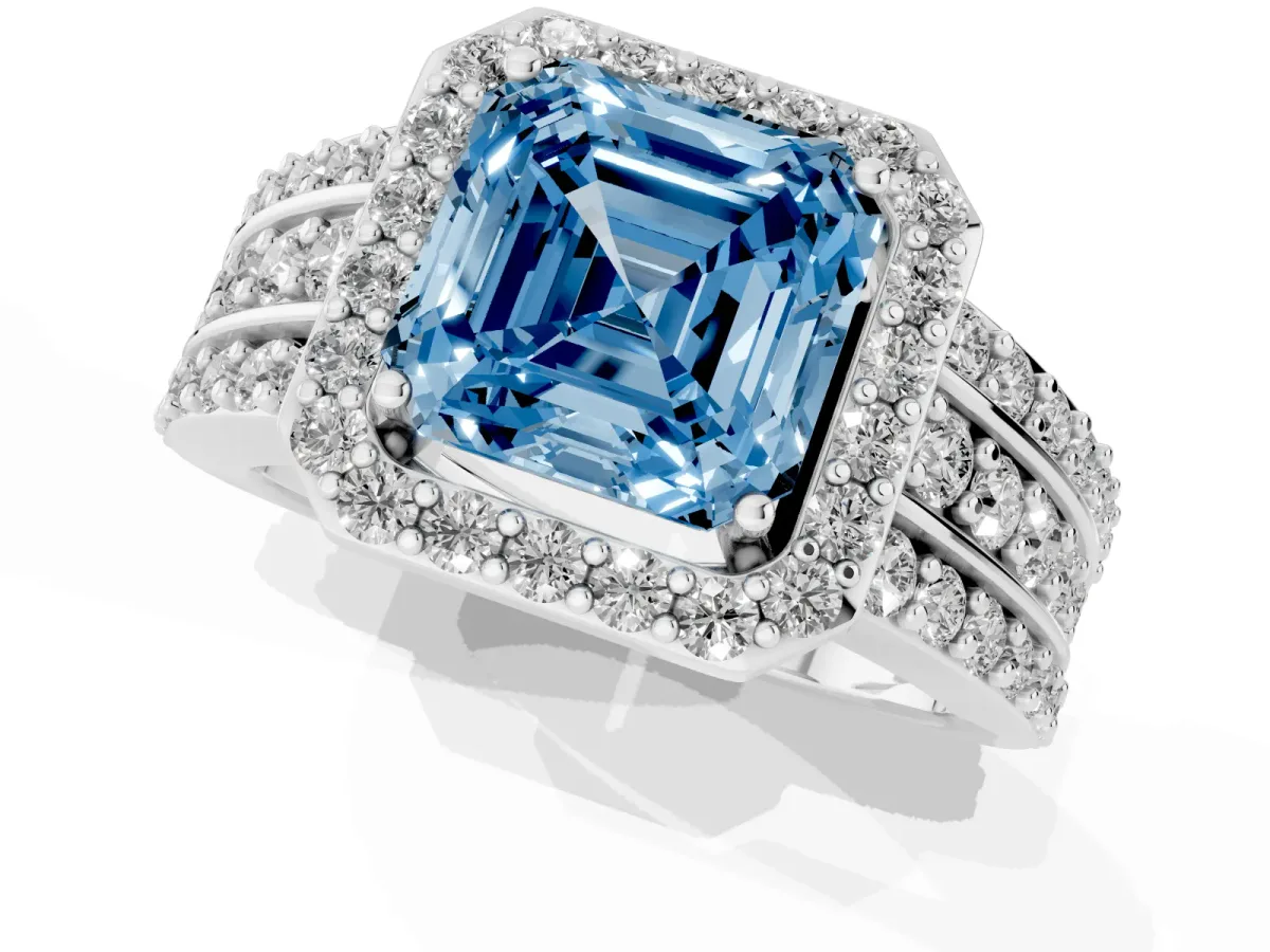 Fancy Blue Asscher Cut Halo Diamond Ring with Round Split Shank and Prong Setting Silver