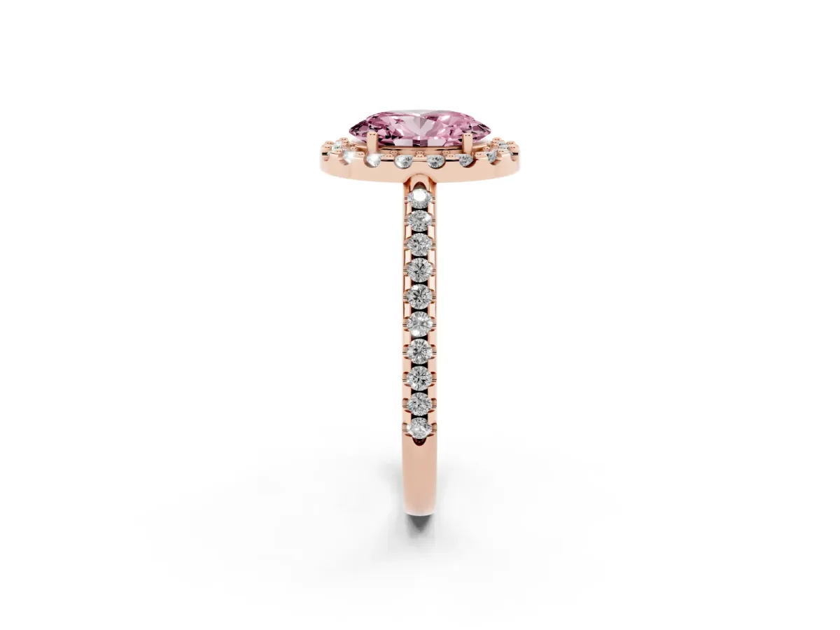 Fancy Pink Oval Cut Diamond Pavé Halo Ring with Four-Prong Setting Rose gold