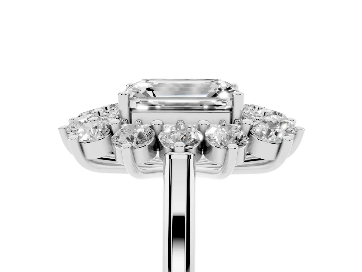 Emerald Cut Diamond Floral Double Halo Engagement Ring with Prong Setting Silver