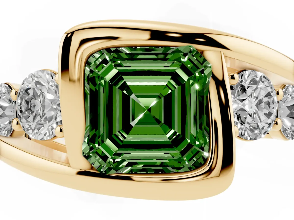 Fancy Green Bezel Set Asscher Cut Diamond Bypass Ring with Round Accents Yellow gold