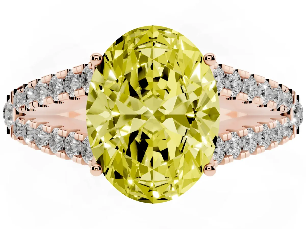 Fancy Yellow Oval Cut Diamond Split Shank Pavé Engagement Ring with Four-Prong Setting Rose gold