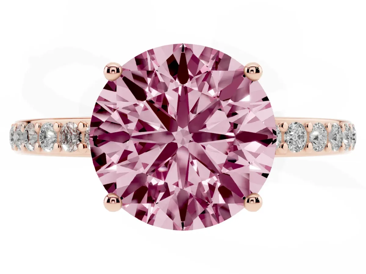 Fancy Pink Round Cut Cut Diamond Pavé Band Ring with Four-Prong Setting Rose gold