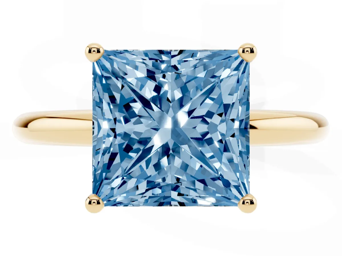Fancy Blue Princess Cut Cut Solitaire Engagement Ring with Four-Prong Setting and Classic Band Yellow gold