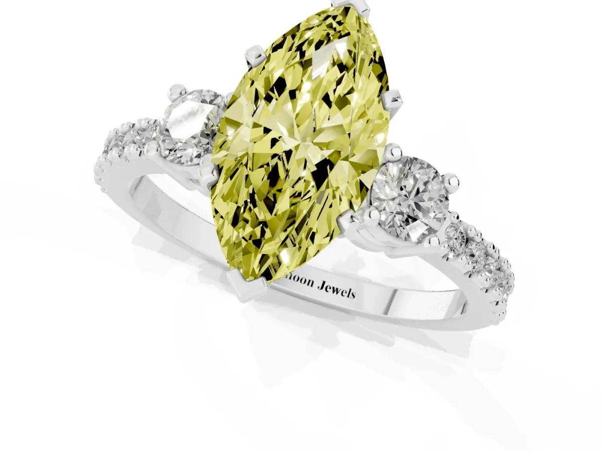 Fancy Yellow Marquise Cut Three-Stone Diamond Pavé Band with Prong Setting White gold