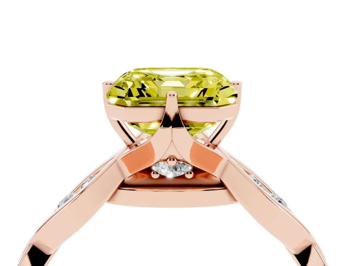 Fancy Yellow Asscher Cut Solitaire Twist Band with Leaf Prong Setting Rose gold