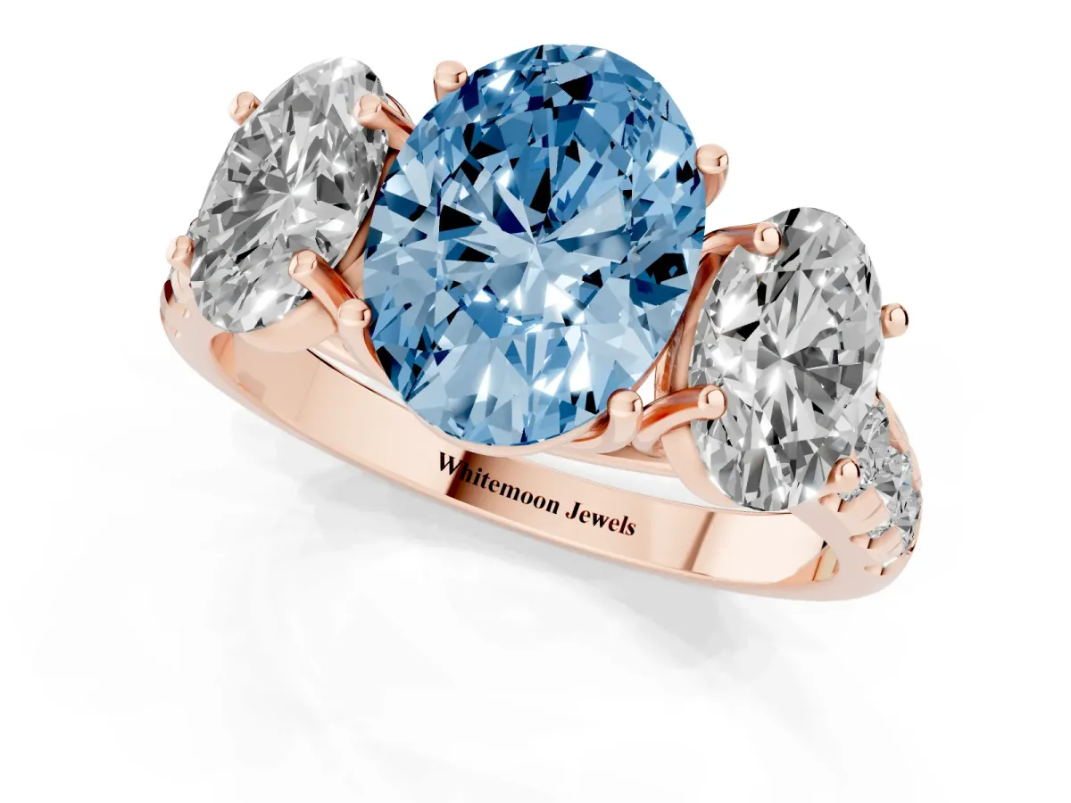 Fancy Blue Three-Stone Oval Cut Diamond Pavé Band with Prong Setting Rose gold