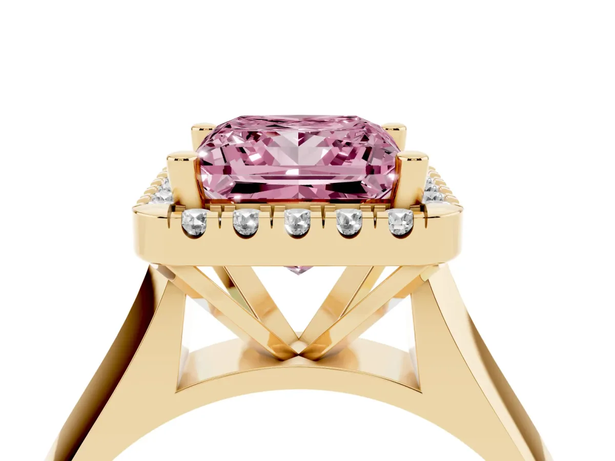 Fancy Pink Princess Cut Cut Halo Solitaire Engagement Ring with Square Band and Four-Prong Setting Yellow gold