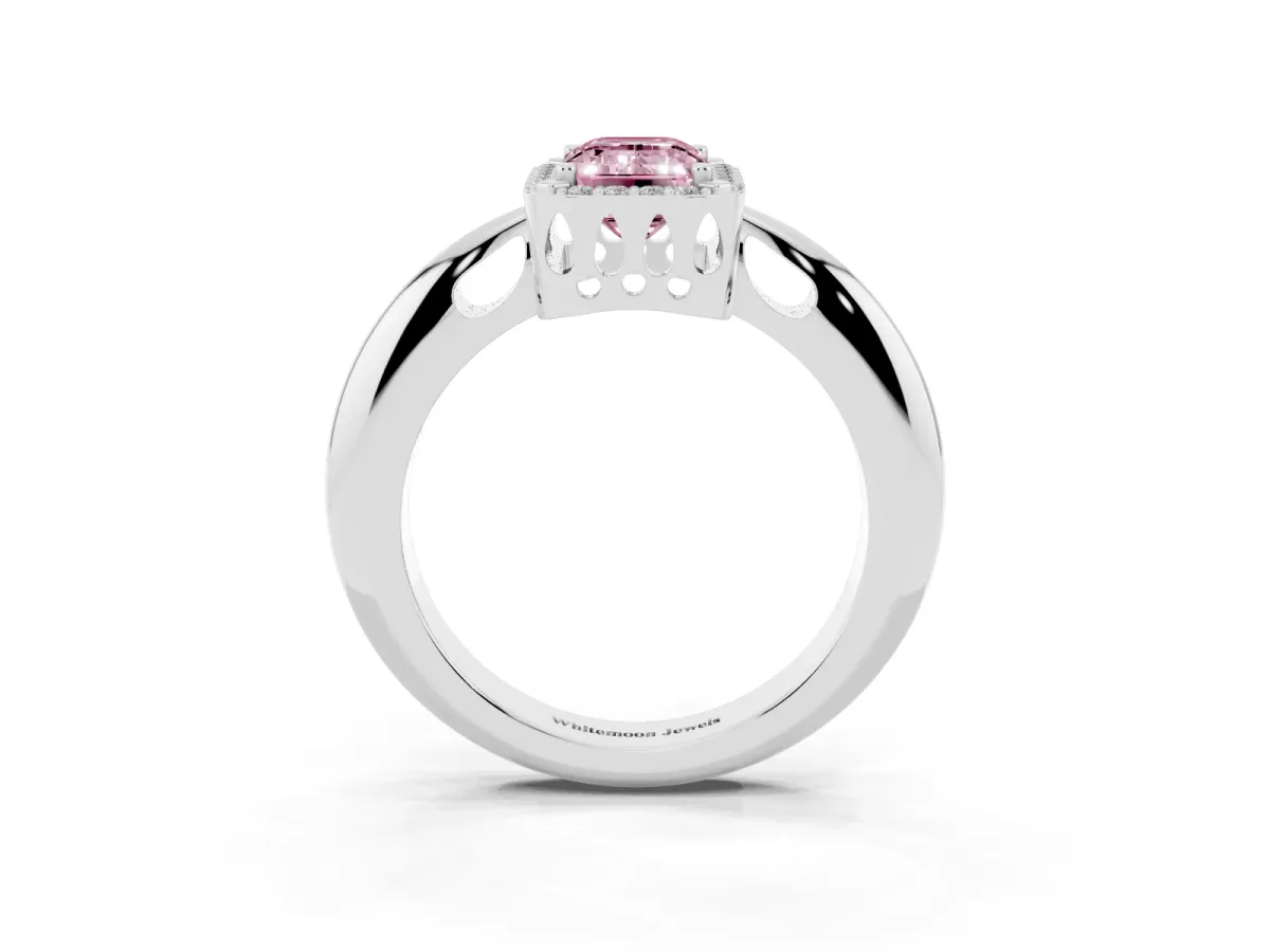 Fancy Pink Emerald Cut Cut Diamond Halo Engagement Ring with Split Shank and Four-Prong Setting Platinum
