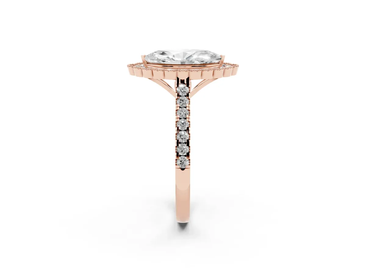 Marquise Cut Cut Diamond Milgrain Floral Halo Engagement Ring with Pavé Band Rose gold