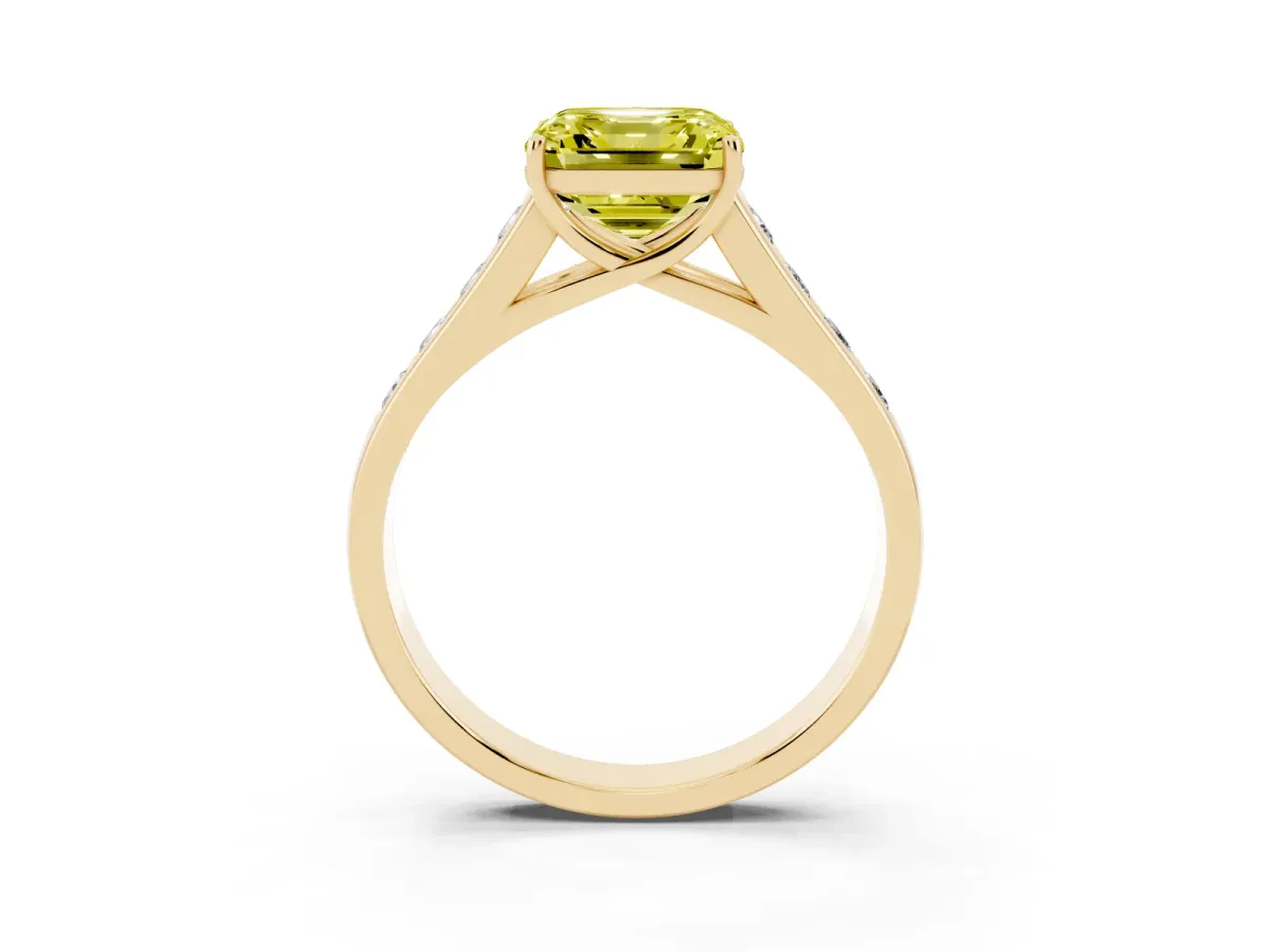 Fancy Yellow Asscher Cut Brilliant Channel-Set Solitaire Ring with Four-Prong Setting Yellow gold