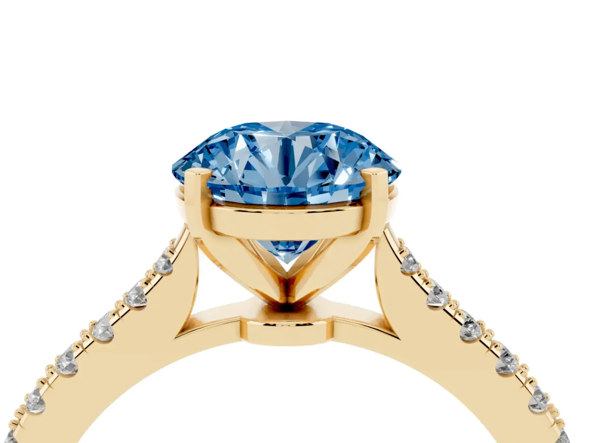 Fancy Blue Round Cut Cut Solitaire Diamond Engagement Ring with Pave Band and Four-Prong Setting Yellow gold