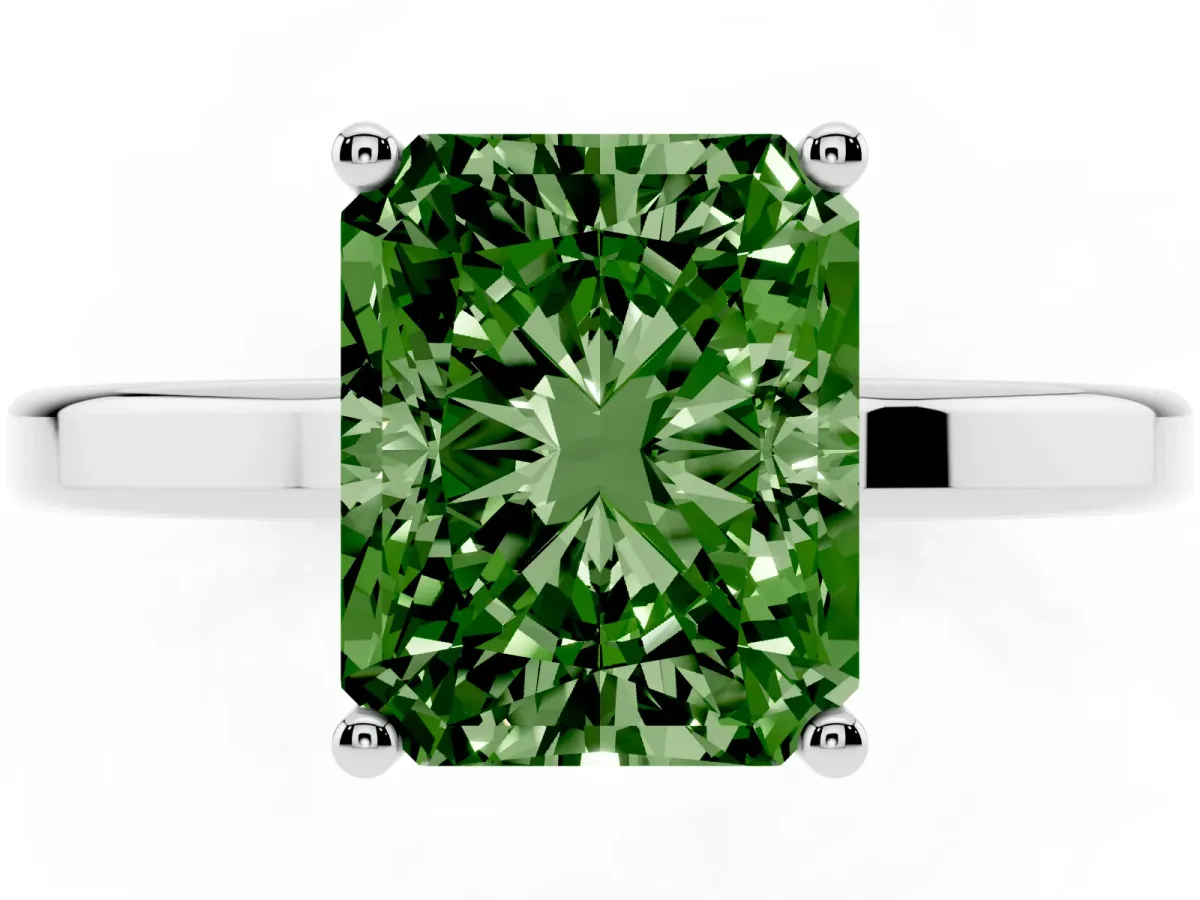 Fancy Green Radiant Cut Cut Solitaire Engagement Ring with Four-Prong Setting on a Classic Band Silver