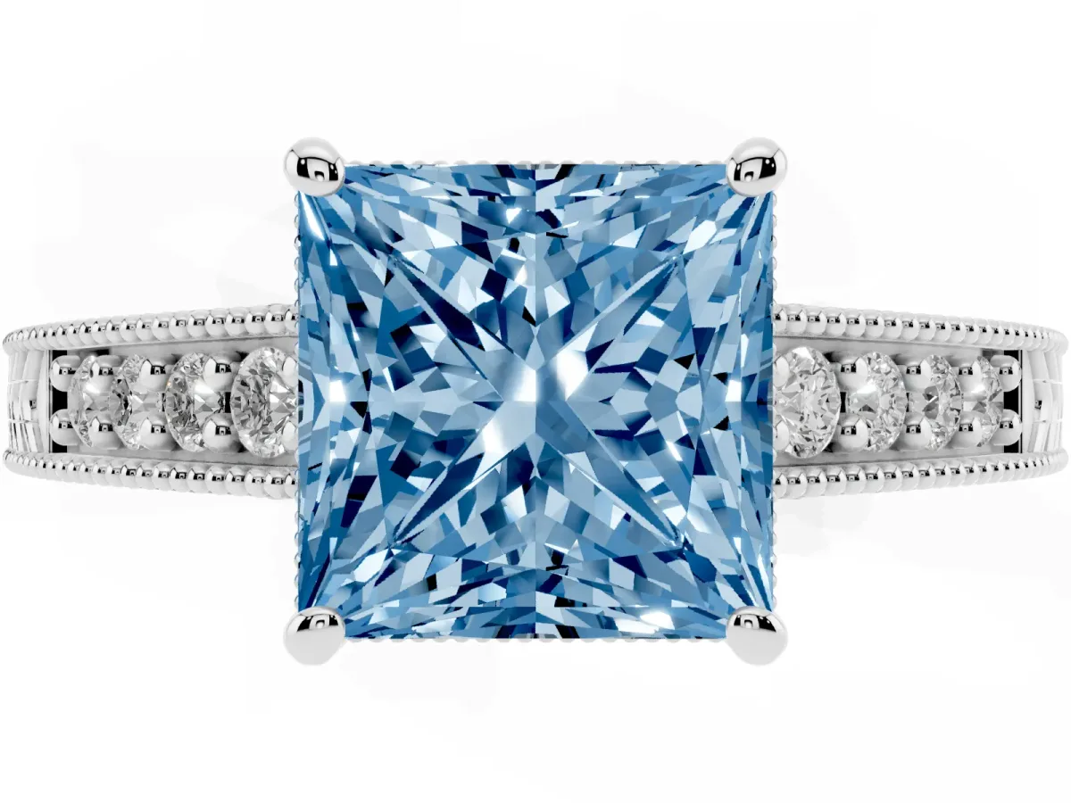 Fancy Blue Princess Cut Solitaire Pavé Diamond Milgrain Engagement Ring with Four-Prong Setting Silver