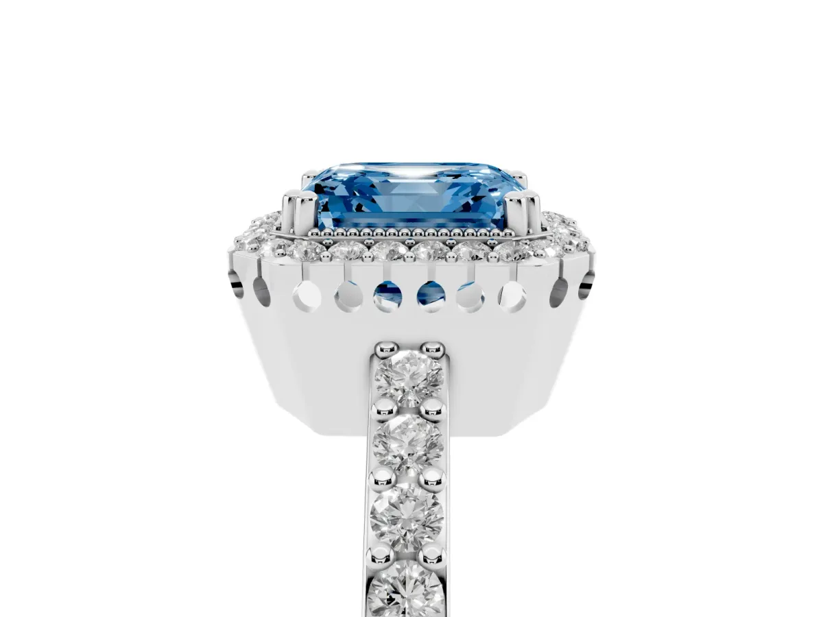 Fancy Blue Asscher Cut Cut Diamond Halo Engagement Ring with Milgrain Detail and Pavé Band Platinum