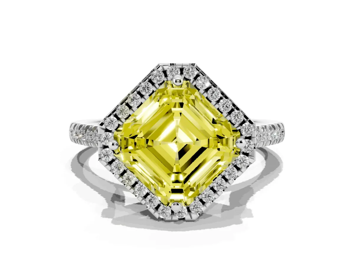 Fancy Yellow Asscher Cut Diamond Cushion Halo Ring with Pavé Band Silver