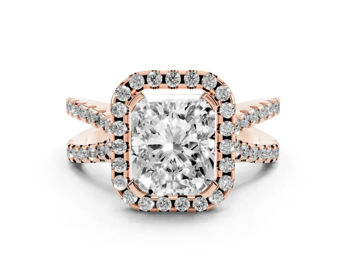 Radiant Cut Diamond Halo Ring with Split Shank Pavé Band and Prong Setting Rose gold