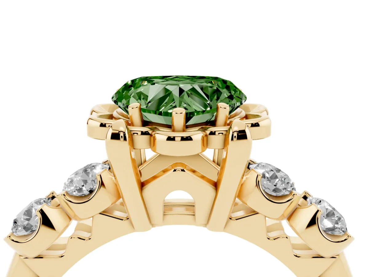 Fancy Green Heart Cut Cut Diamond Floral Halo Engagement Ring with Shared Prong Setting Yellow gold