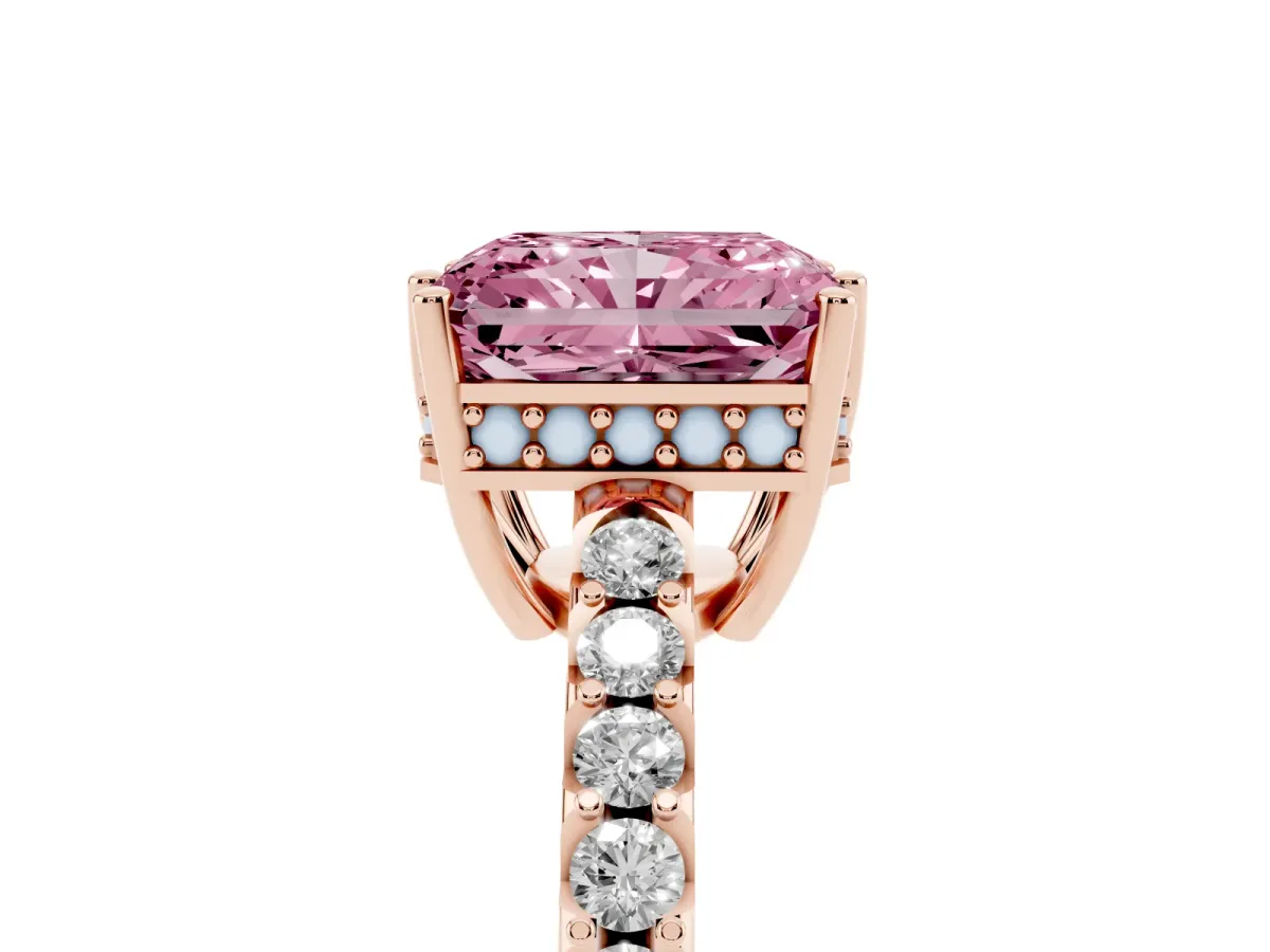 Fancy Pink Radiant Cut Solitaire Diamond Engagement Ring with Pavé Band and Six-Prong Setting Rose gold