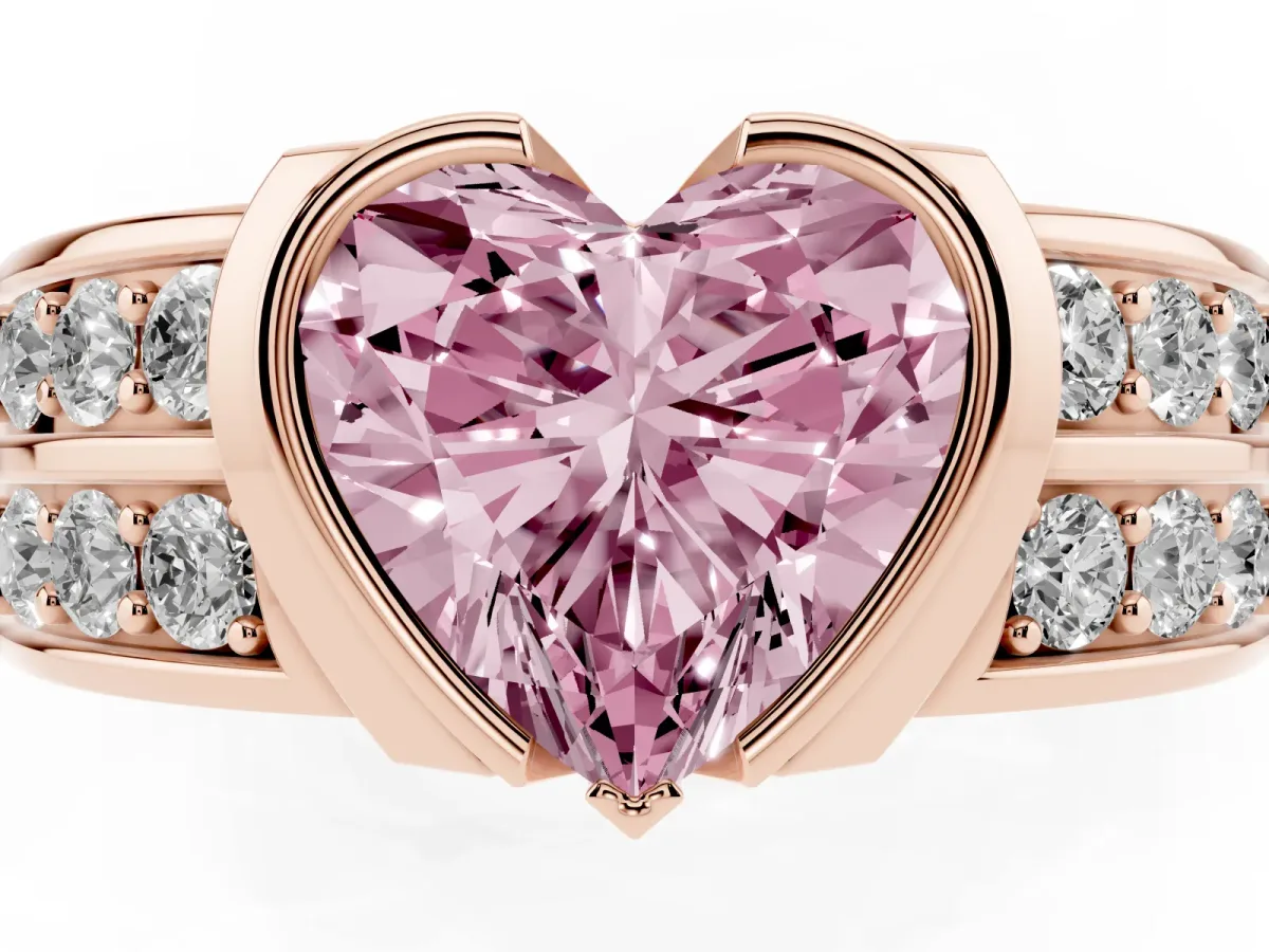 Fancy Pink Heart Cut Brilliant Diamond Channel Set Wide Band Ring with Bezel Setting Rose gold