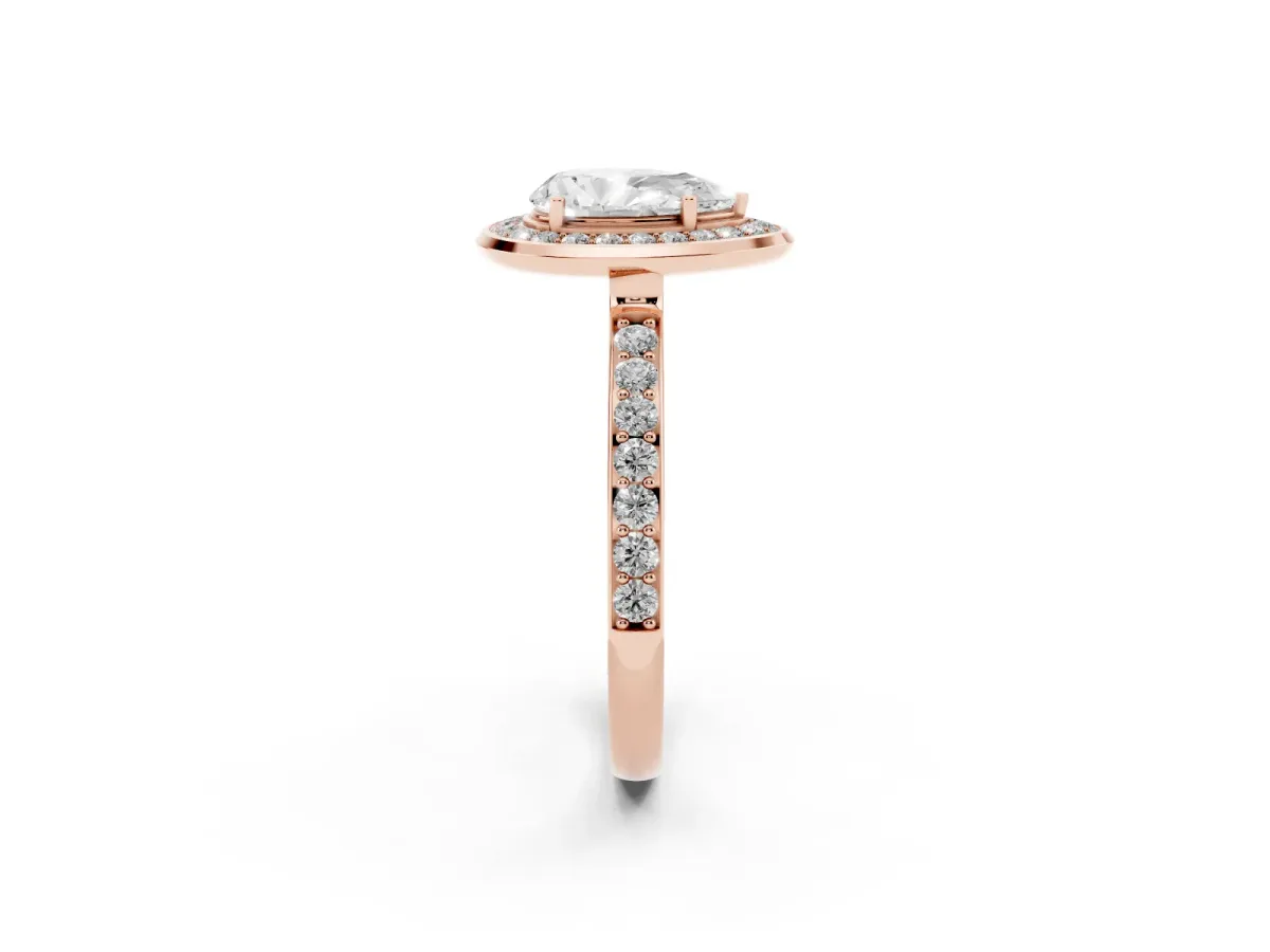 Pear Cut Diamond Halo Ring with Bezel Frame and Pavé Band Rose gold