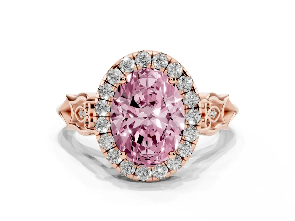 Fancy Pink Oval Cut Halo Diamond Engagement Ring with Filigree Band and Four-Prong Setting Rose gold